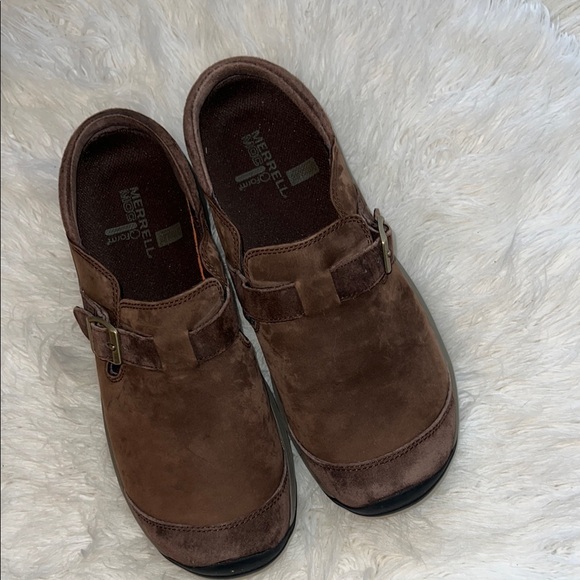 Merrell Encore Buckle Bracken Brown Nubuck Suede Mule Clog Shoes Womens Size 10 - Picture 1 of 6